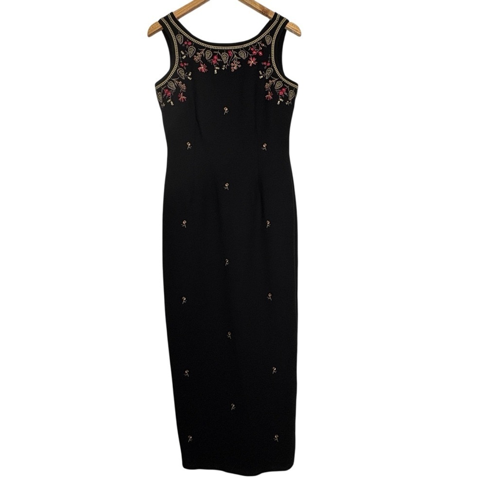 Vintage 90s Dress Black Floral Embroidered Maxi Sleeveless Size M - Picture 2 of 10